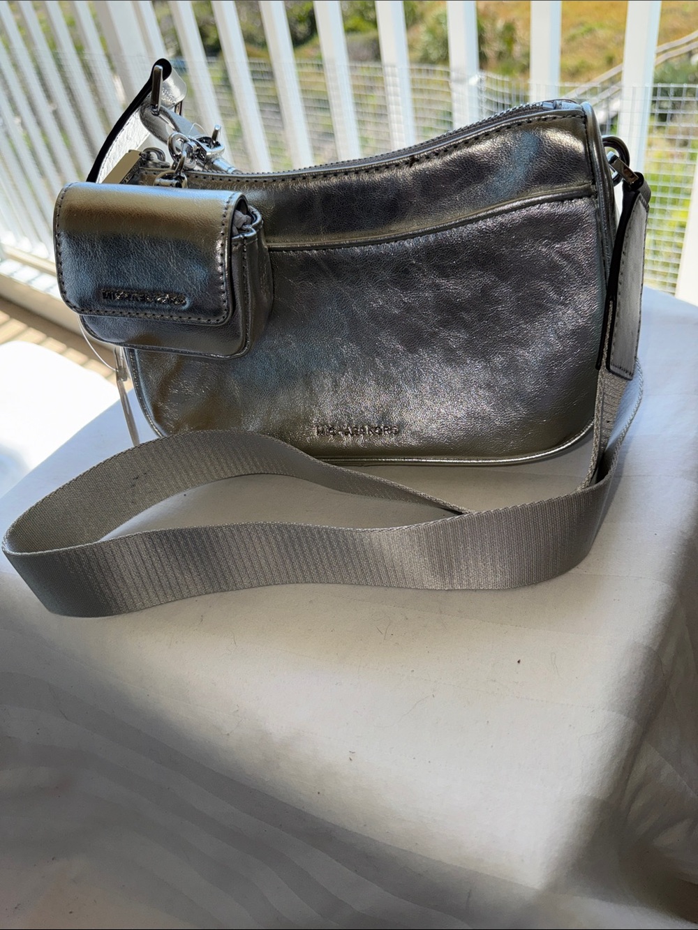NWT - Micheal Kors Metallic Silver Leather Crossbody with Detachable Mini Pouch
